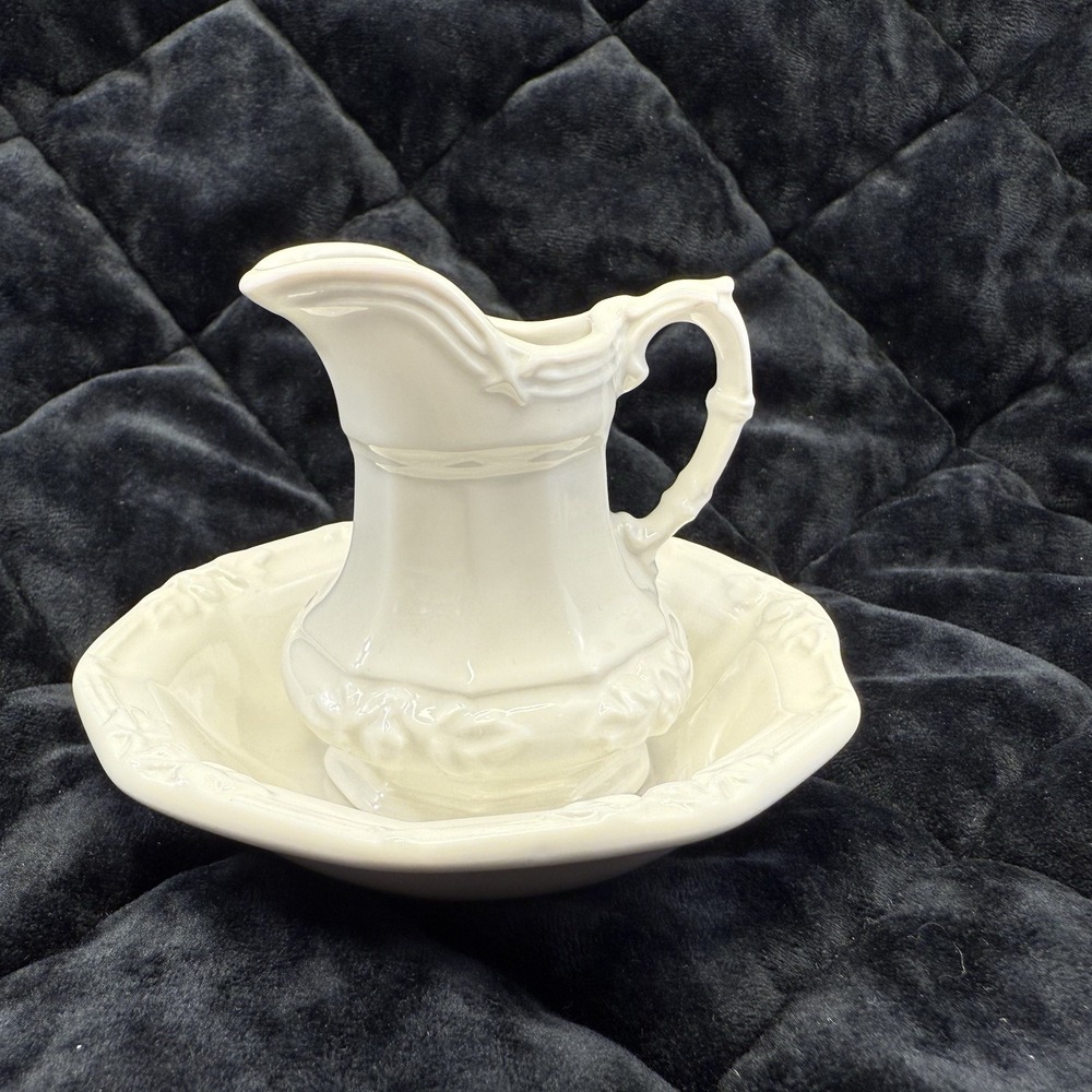 Mini Vintage Red Cliff Ironstone Wash Face Hand Pitcher Basin Ceramic‎ White 4"
